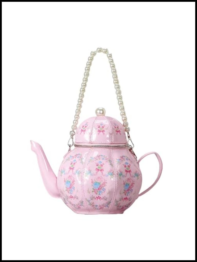 Teapot Shaped Shoulder Bag With Floral Pattern Pu Leather Pearl Chain,